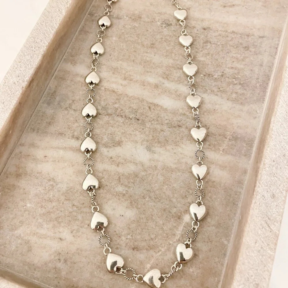 925 Sterling Silver Chunky Heart Necklace Heart Link Necklace Choker Necklace - Picture 3 of 5